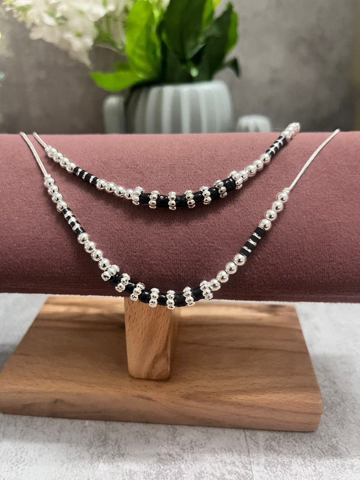 Silver Black Beads anklets pair